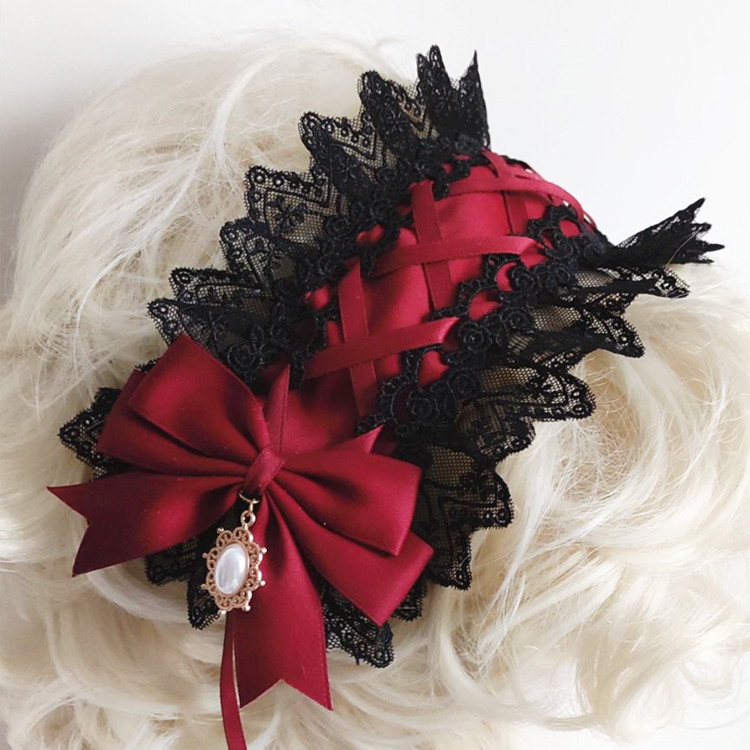 Anime Cosplay Girl With Black Hair - Kırmızı koyu gotik Lolita dantel Hairband